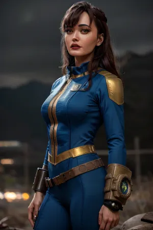 The woman in the picture had long black hair, a vaultsuit with pipboy 3000 on the back, and was wearing a vaultsuit with pipboy 3000 on the back. She stood in a ruined city with high quality professional photography and an