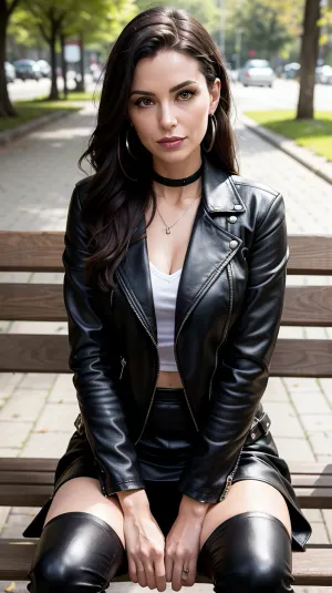 The woman sat on the bench, her eyes fixed on the horizon, waiting for someone special to arrive. She was wearing a long black leather blazer and black leather skirt with high heels. Her hair was pulled back in a tight bun, revealing her
