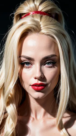 Film noir, blackandwhite, Lips have intense Red lipstick, a woman with long blonde hair, portrait of a blonde woman, smiling, portrait of vanessa morgan, modeling photograph kerli koiv, portrait featured on unsplash, portrait of barbie doll kerli koiv, bright red lipstick, beauty woman with detailed faces, editorial model, fashion photography portrait, character poster, nude, titsonastick, <lora:titsonastickv1:.5>