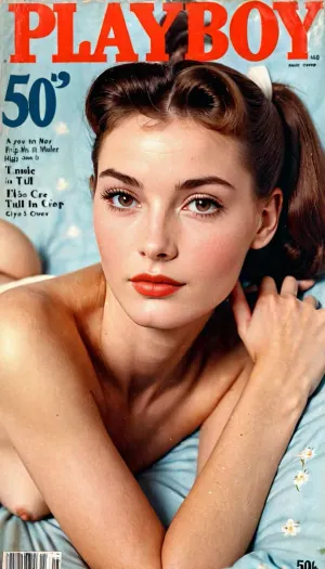 20 년 된 네덜란드 여성의 빈티지 이미지 고품질, 창백한 피부, 귀여운 키 큰 얼굴, seductive 보기, and full nude lying on bed in playboy cover