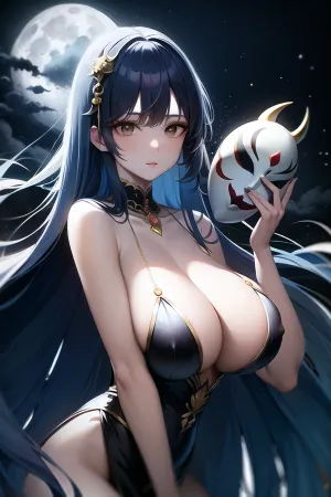 A beautiful woman stood in front of a large picture, her perfect tits and cleavage on display. She held a masquerade mask in her hand, her long flowing hair cascading down her back. Her face was covered by a mask on hand