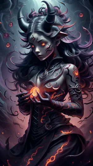 Emily is a young girl with magical tattoos on her face and hands, each one representing a different spell. Her shimmering dark fire background adds an extra layer of mystique to her already striking appearance. With this book by her side, she