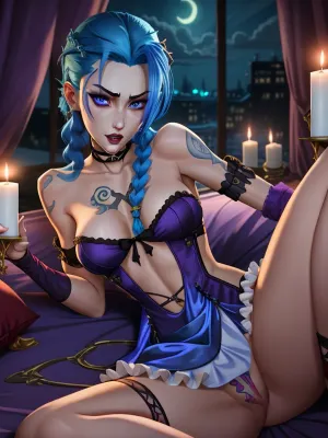 Jinx Arcane, the seductive and angry Piltoverian, was caught in a heated moment of self-pleasure. She had been using her fingers to pleasure herself while wearing a frilly nightgown and stockings