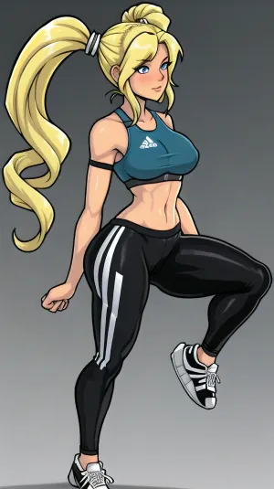 The woman, with her blonde hair and ponytails, was wearing a Adidas 3-line leggings and a full body lewddungeon. She was standing in front of the fitnessclub's picture with her arms crossed, looking confident