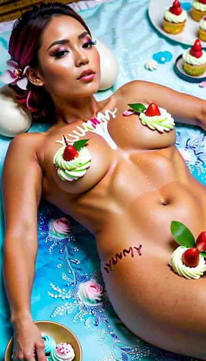 The Japanese girl with perfect skin and a perfect body was lying on a bed, covered in whipped cream and surrounded by orchids. She had the perfect skin texture, with high-quality hyper-realistic detail. Her hair was perfectly styled, and