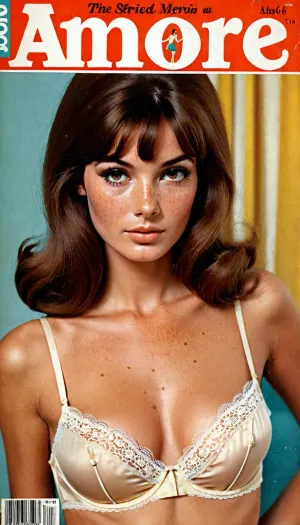 A capa de revista vintage de "Amore" contou com uma mulher italiana de 20 anos com maquiagem de alta qualidade e lingerie estilo 60s. Ela posou para a câmera em um vintage 60s estilo quarto, vestindo 60s estilo cabelo castanho solto,