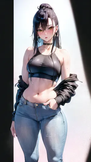La donna nella foto indossa una camicia bianca stretta con un motivo bianco e nero, e i suoi capelli sono in riccioli sciolti. Ha occhi grandi, espressivi e un naso piccolo. Le sue labbra sono piene e pouty, con un accenno