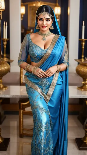 A stunning woman in a courtesan dress, with full body and neutral colors, soft lighting, and detailed face was captured by a skilled photographer