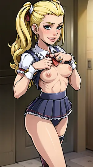Little Caprice는 금발 머리, 공정한 피부, 체육관 몸, 뺨 미소, 높은 상세한 피부 짜임새 및 높게 상세한 피부 짜임새를 가진 유럽 공주입니다