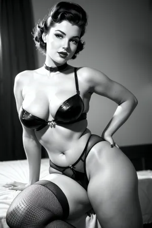 旧式照片中的老式针头女孩像模特儿一样摆姿势,性感的姿势吸引了对曲线的注意,并突出她的女性性格. 她的双眼闭着 增加了照片的魅力 突出了她的女性性