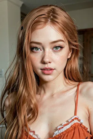 A photo realistic full body shot of a girl next door with ginger freckles, green eyes, and a flat chested doll like body was generated by the AI