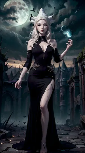 照片是人工智能制作的 一个女孩的皮肤苍白 头发白白 站在破碎的城堡前