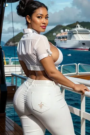 Ebony, a 35-year-old Vietnamese woman with a big busty body, thick thighs, and large breasts, was on a cruise ship in the Panamanian ocean. She had an 8k UDR body with natural tits,