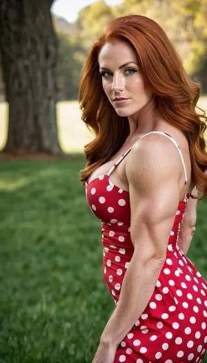 La mujer en la imagen era un milf de 27 años de edad con pechos grandes y un vestido sexy polka dot housewife que acentuó sus increíbles curvas. Tenía una foto completa del cuerpo de un hermoso ajuste, condescendiente esmir