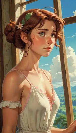 Una donna di 21 anni elfo con corpo pieno colpo e pelle è il risultato di un dipinto ad olio artificiale che raffigura un balcone fantasy in stile Ghibli