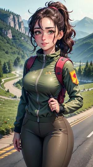 A woman hikes in the Crimean mountains, wearing a full body outfit and visible through her pants. Her breasts are medium-breasted and her pussy is visible through her pants. She takes a break from hiking back to the road at the foot