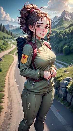 A woman in a cute outfit and carrying a backpack is hiking in the Crimean mountains, posing for the camera with full body freckles, tease blush on her cheeks, high breasts and sexy smile