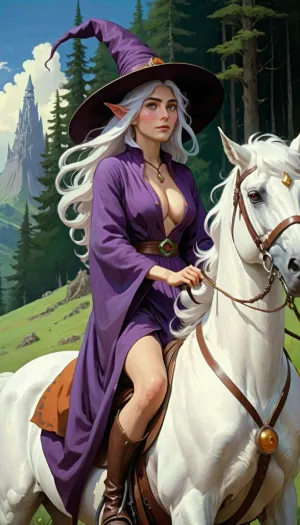 油画中的女人是一个美丽的精灵女巫,头发和紫色的双眼白色乱七八糟,身着一副美容的古装插图,全身被拍伤,袍子上还带有裂纹. 她精通吉布利风格 让她看起来像