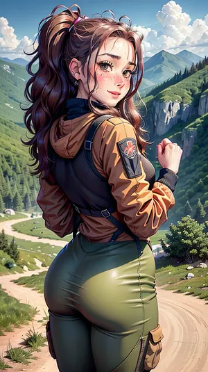 The woman in the picture is a Russian with a full body in view, dressed cute tall heels and medium-breasted gym clothes. She is hiking back to her home on the dirt road at the foot of the Crimean mountains. Her face is