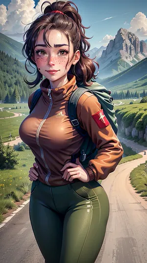 The woman in the picture is a Russian with long brown hair and full body in view. She is wearing hiking clothes that make her look even more attractive