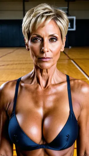 성숙한 50 세의 금발의 beauty 와 그녀의 누드 몸 exposed was lying 에 the 체육관 바닥 와 그녀의 누드 몸 exposed, taking pictures of with a high-end 8k focus stacking camera