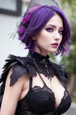 Una donna splendida con colletto in piuma raven e abito in pizzo goth è stata catturata in un'immagine di alta qualità con il suo zoom ultra alto res. Aveva un perfetto occhi blu, capelli di migliore qualità, rosa in capelli, trucco di moda, perfetto multicolore