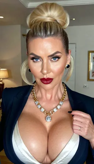 Le corps animé de la maîtresse de tête britannique était en plein affichage alors qu'elle marchait à travers le multivers avec sa veste de costume noir sans boutons et son collier de diamants dorés. Ses seins lourds rebondissaient à chaque pas, attirant l'attention de partout. Elle