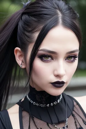 L'immagine ha mostrato una bella donna con vestito goth punk e zoomare sul suo viso. Aveva occhi perfetti, acconciatura elegante, e un sorriso perfetto. Il suo trucco era molto alto, dandole un'aria di sofisticazione