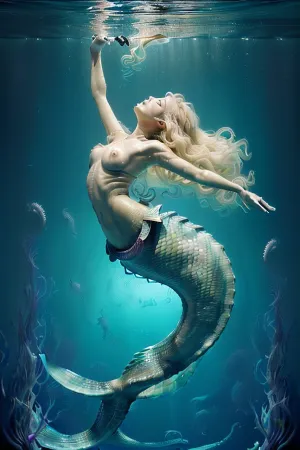 女性は水中の世界で触手モンスターによって攻撃されている, 彼女のバイオニックオクトープの腕と触手と戦う. 彼女の肌は魚のスケールや他の海の生き物に覆われています。 彼女は戻って戦う