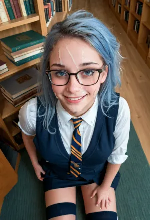 view from above, 18 years old Czech nerdy girl, (big glasses), skinny, blue hair, embarrassed smile, perfect teeth, university uniform, blouse, tie, vest, miniskirt, high socks, library, warm evening light, (a lot of cum on face:1.4), (highly detailed faces:1.2), <lora:Style_of_camonome_SDXL-000012:.5>, <lora:Facials:.5>, <lora:JustCum:.5>