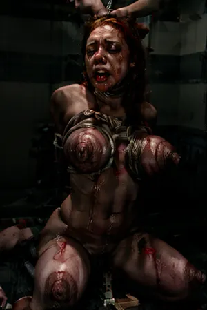 woman, gorgeous african-american prostitute, hanging from ceiling, in breast bondage, breast bondage, tied up, rope bondage, with her breasts tied up, full body, medium- soft hanging breasts, wide hips, hairy bu vagina, (Film Photography:1.2), photorealistic, Hyperrealistic, Hyperdetailed, analog style, horror, crying facial expression, skin whip marks, distress, subsurface scattering, realistic, masterpiece, best quality, ultra realistic, 8k, golden ratio, Intricate, High Detail, film photography, (bleeding from nipples:1.3), (blood on breasts:1.4), (blood dripping:1.3), (knife cuts:1.3), skin wounds, breast, bondage, tied, up, bursting, <lora:breast_bondage_v2:.5>, cuts, on, face, back, <lora:Cuts V1:.5>, blood, bleeding, vessel, <lora:bloodvessel:.5>, torture room, white tile, blood on walls., <lora:more_details:.5>, <lora:sad_v1:.5>, <lora:BondageChairV1:.5>, <lora:breast_bondage_v2:1.5>, <lora:FakebreastsV4Del-000003:.5>, <lora:Ring-15:.5>, <lora:tattooedgirlv1:.5>, <lora:X-Cross-v1:.5>, <lora:onaka_tattoo:.5>, <lora:underboobtattoov1:.5>, <lora:BigBeautifulNipples_v1:.5>, <lora:Nipple_Rings_Leti:.5>, <lora:Longee-15:.5>, <lora:breast-suction-v1.1-000006:.5>, <lora:StretchingMouth_40:.5>, <lora:hyper_penetration_stomach_bulge_v8all-000004:.5>