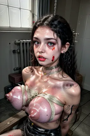 La giovane donna adulta con un enorme seno naturale e i capezzoli lunghi alti carini erano seduti in una camera di tortura, trattenuti da catene. Aveva lentiggini sul viso e occhi tristi. I suoi capelli erano sparsi e aveva dei tatuaggi