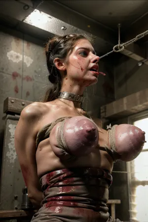 La jeune femme au visage d'ange et grande fille était assise dans une chambre de torture, entourée de chaînes et de cordes. Ils pleuraient et tremblaient alors que la femme tatouée se penchait sur elle, tenant une aiguille. Les yeux de la jeune fille s'élargissaient dans la peur La jeune femme au visage d'ange et grande fille était assise dans une chambre de torture, entourée de chaînes et de cordes. Ils pleuraient et tremblaient alors que la femme tatouée se penchait sur elle, tenant une aiguille. Les yeux de la jeune fille s'élargissaient dans la peur