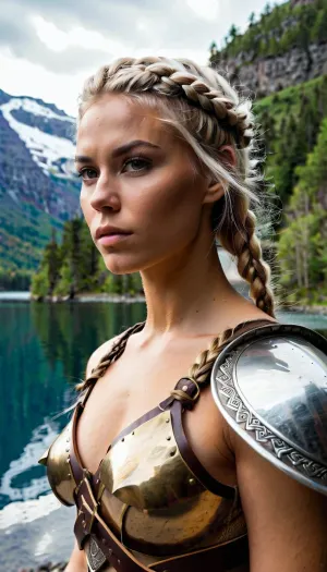 Une femme musclée et aux cheveux longs se tenait devant un portrait, les yeux fermés sur la toile. Elle portait un costume viking blindé, avec des cheveux tressés et des serrures sales. Sa peau était juste et lisse, avec rosy