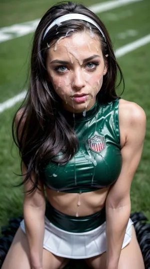 Une femme avec un corps parfait et bande de cheveux bukkake pose pour l'appareil photo dans une image porno générée par l'IA, ajoutant à son look sexy comme elle pose pour l'appareil photo avec des chaussettes haut de cuisse, maquillage 8k, et un champ bluegrass comme le