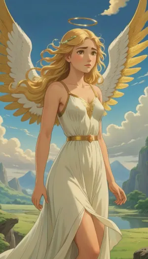 一个有着金色眼睛和全身镜头的女人 在Studio Ghibli的风格 画了一幅油画