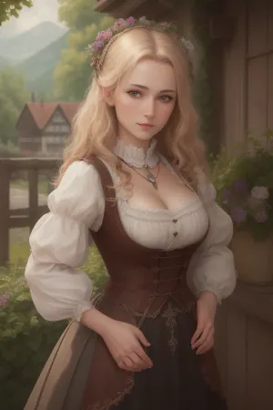 A woman in a traditional Bavarian dress posed with her hands behind her back, wearing a highly detailed fine detail HDR photorealistic AI generated picture of herself