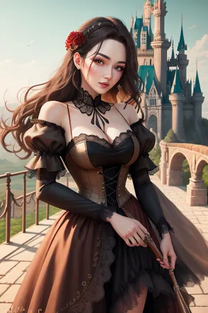 A stunning picture of a princess and cowboy in a castle background, with the best quality shot and perfect attire, creating the perfect atmosphere for love