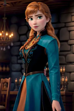 The highly detailed 35mm photograph of Anna from Disney's Frozen, in a classy 19 year old girl, anna-frzn, professional 4k cinematic photo with bokeh and professional 4k cinematic photo with film was taken by the