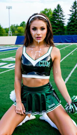 기호에 대한 여성은 "Team Cum"을 읽고 단단한 파란색 셔츠와 짧은 반바지를 착용합니다. 그녀의 머리는 bun로 다시 당겨지고, 그녀는 그녀의 얼굴에 자신감있는 미소를 외부에서 볼 수 있습니다. 카메라 줌