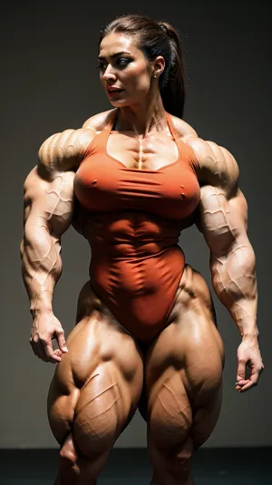 Una mujer muscular con un físico hiper culturista estaba frente al espejo, admirando sus propios músculos. Ella siempre había estado fascinada por el poder y la fuerza de su cuerpo, y ahora finalmente pudo mostrarlo. Se flexionó