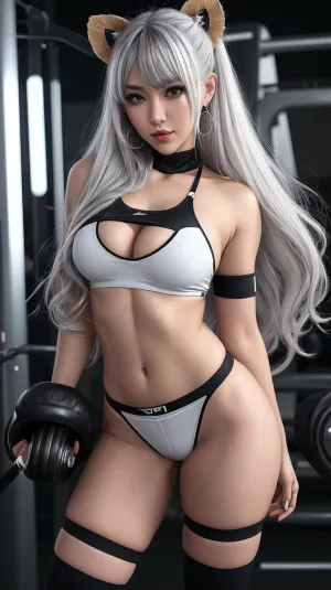 score_9, score_8_up, score_7_up, score_6_up, score_5_up, score_4_up, (source_anime), 1girl, ShishiroBotan, long hair, two side up, ear piercing, lion tail, thighs, skindentation, japanese gym clothes, revealing clothes, slightly marked abs, fit skindentation, eyelashes, backroom, silver hair, blunt bangs, darkness, dim lighting, entitled, thighhighs, night, gym s