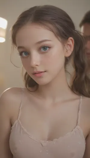 La AI generó una imagen de alta resolución de una niña de 18 años con ojos azules brillantes y pelo marrón oscuro con gafas. Lleva un vestido corto de peluquería, y sus tetas están perfectamente iluminadas. La imagen está en