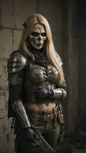 The blonde barbie was wearing a cute tall girly skull mask and holding a weapon, standing in front of the army of the death squad, ready to fight for her country