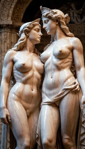 AphroditeとAthenaの超現実的な写真は、官能的な雰囲気の中で互いに触れ合う彼らの肉体を捕捉し、息を呑む