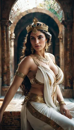 泽诺比亚女王身着全面姿势的超现实主义照片,带有透明的Antic Palmyrenian服饰和高分辨率的平面公交车皮是8k的完美形象. 这是一张无顶照片,显示她的满面