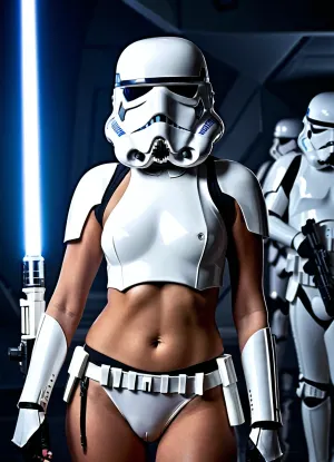 La donna nel vestito sexy trooper tempesta era in piedi davanti a una foto, le mani sui fianchi, con un sorriso malizioso sul suo viso. Aveva un corpo tonica sexy e stava guardando la fotocamera con un'espressione