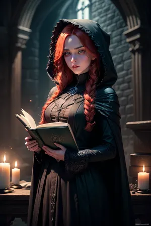 A wizard in Dark Gothic Castle, brewing a potion that would bring his painting to life as an AI, found her spellbook and photorealistic portrait of Lily Evans. He was fascinated by the woman's beauty and talent, but he knew it