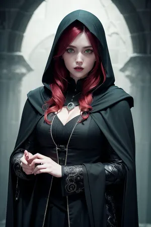 A woman with long red hair and beautiful detailed eyes was brewing a potion in her dark Gothic castle, using light and detail to create the perfect potion for Harry Potter's use in his battle against Voldemort