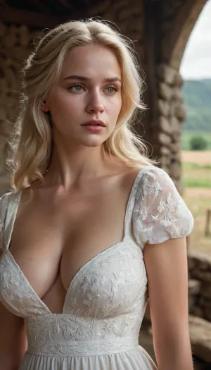 A woman with white skin, blonde hair, wearing a white dress and standing in front of them was the surprise of the villagers